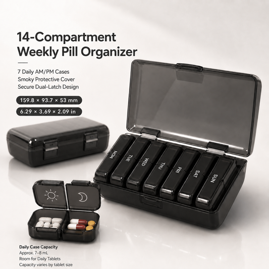 UNTIOR 14-compartment weekly pill organizer with 7 removable AM/PM daily cases, smoky protective cover, and compact travel-friendly design.