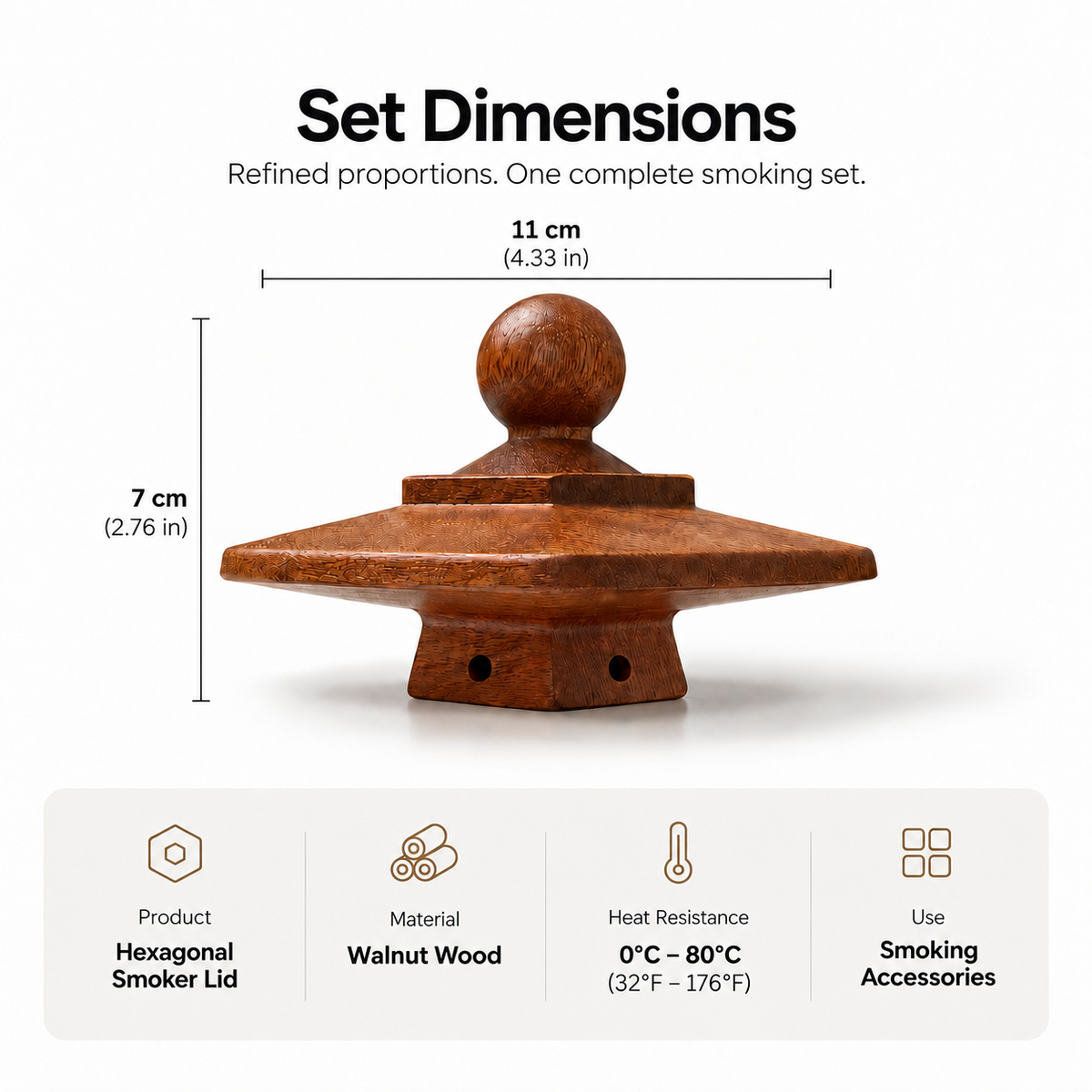 UNTIOR hexagonal whiskey smoker lid size guide showing 11 cm width and 7 cm height with walnut wood construction.