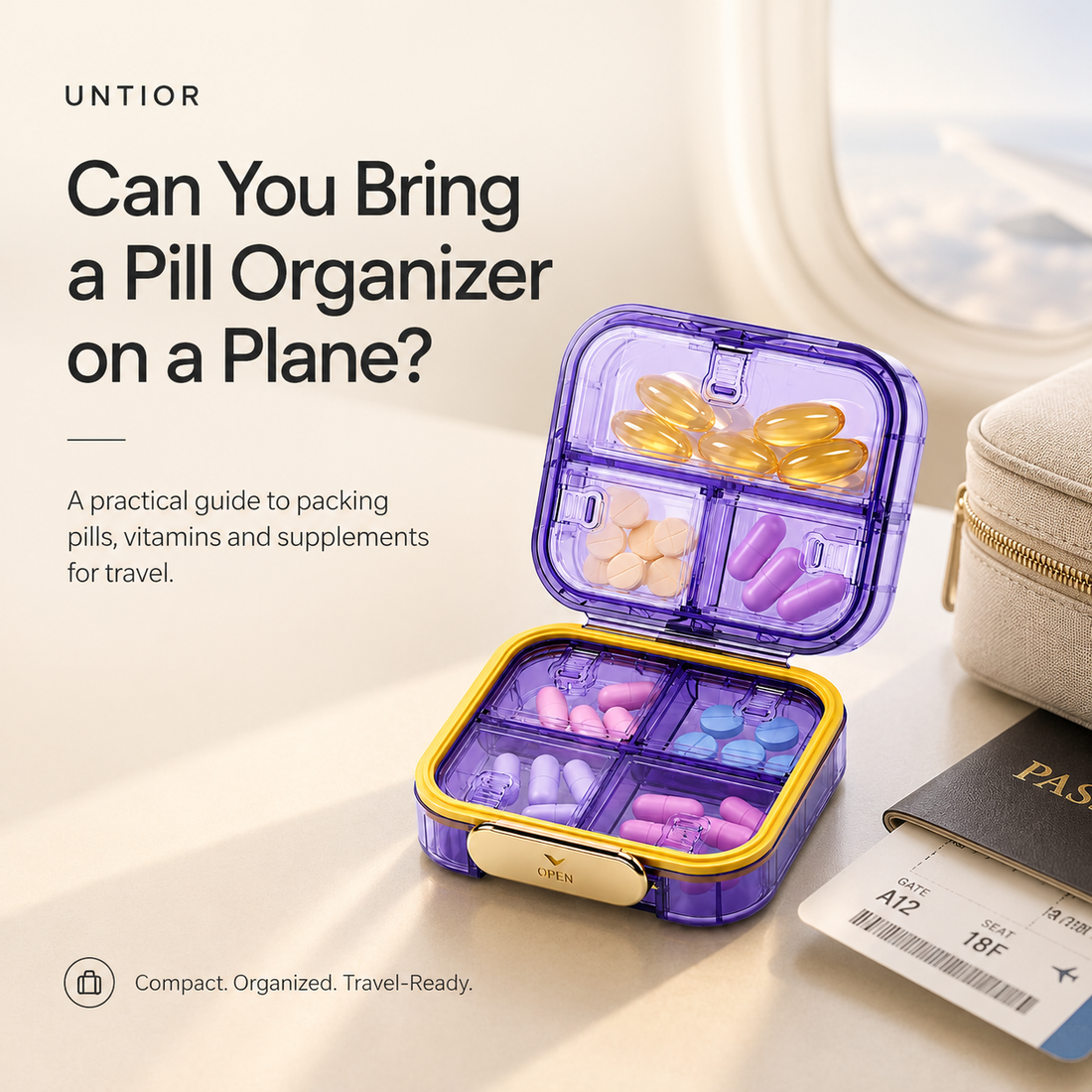 UNTIOR 7-compartment portable pill organizer prepared for air travel with a passport and boarding pass.