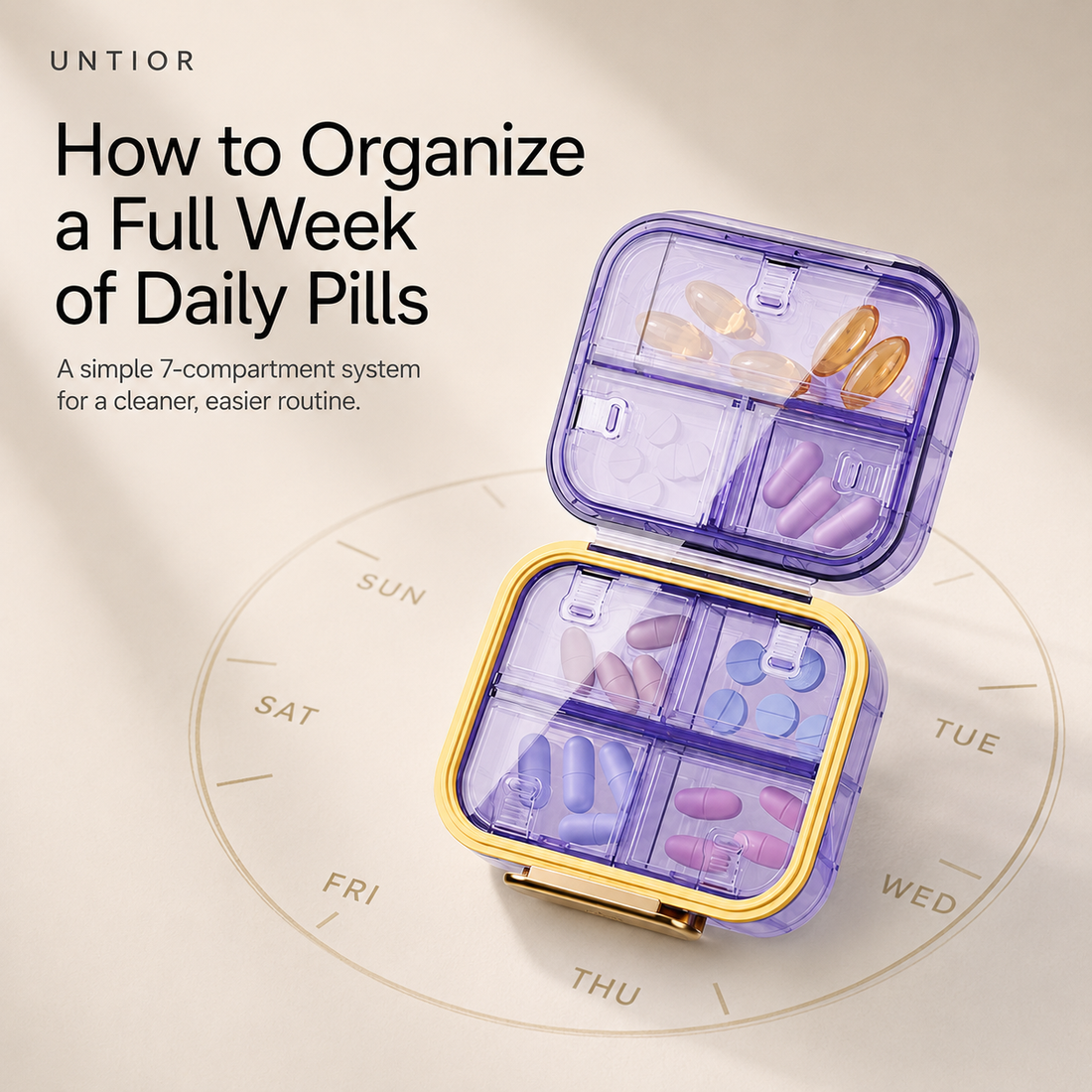 UNTIOR purple 7-compartment pill organizer showing separated pills, vitamins and supplements for a simple travel organization routine.