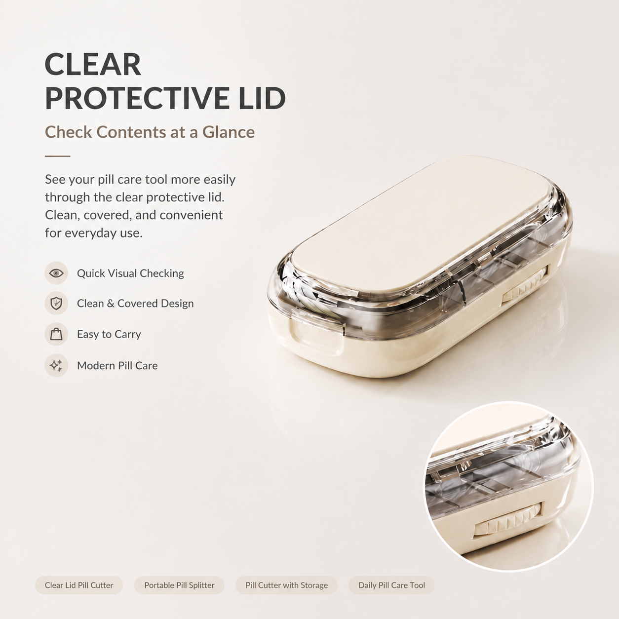 Cream white 3-in-1 pill cutter with clear protective lid, built-in storage, side gear detail, and portable tablet splitter design