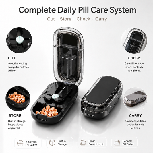 UNTIOR 4-section pill cutter with built-in storage, clear protective lid, and portable daily pill care design