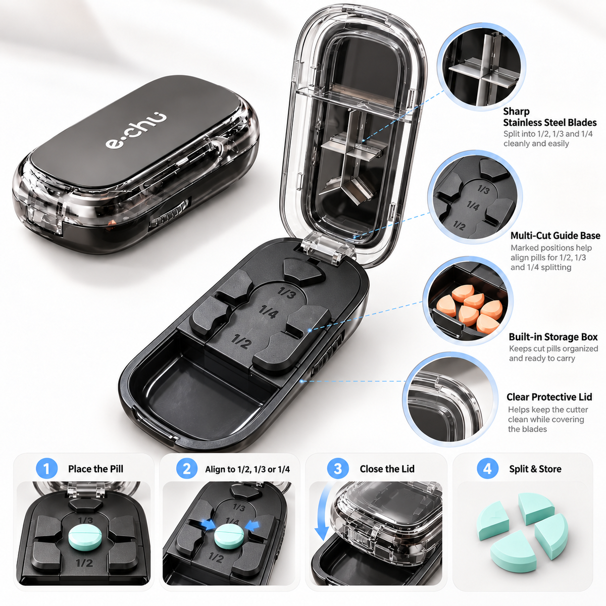 3-in-1 Multi-Cut Pill Splitter with Storage — 1/2, 1/3 & 1/4 Tablet Cutter | UNTIOR
