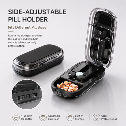 Adjustable side gear pill cutter with built-in storage for holding suitable tablets before 4-section cutting