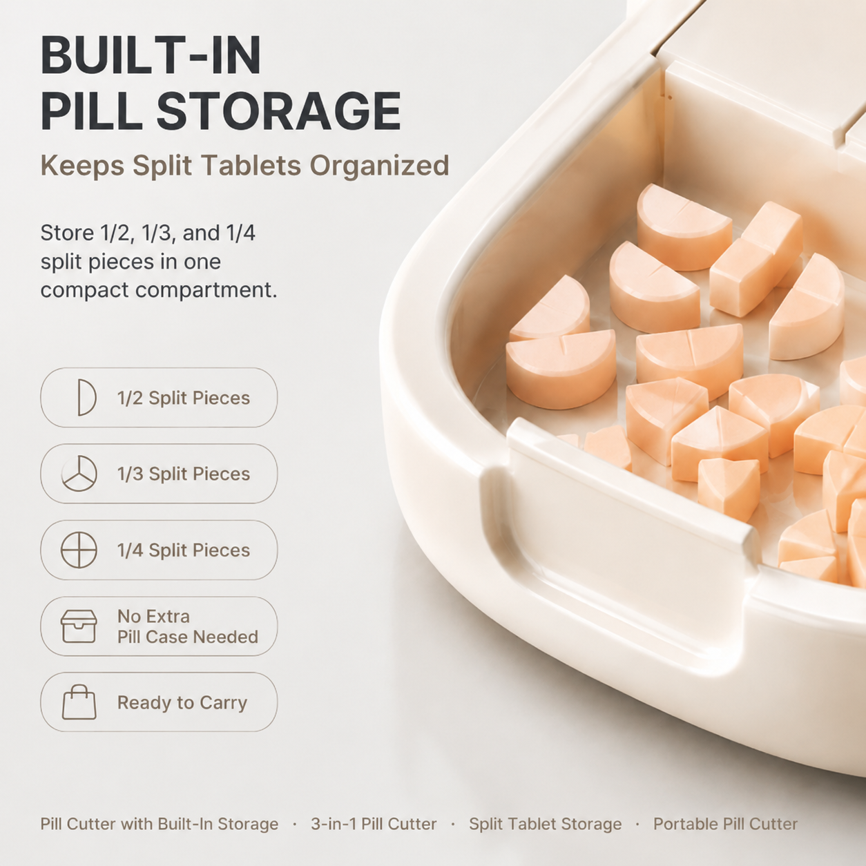 Pill cutter with built-in storage compartment keeps cut tablet pieces organized for cleaner daily pill care
