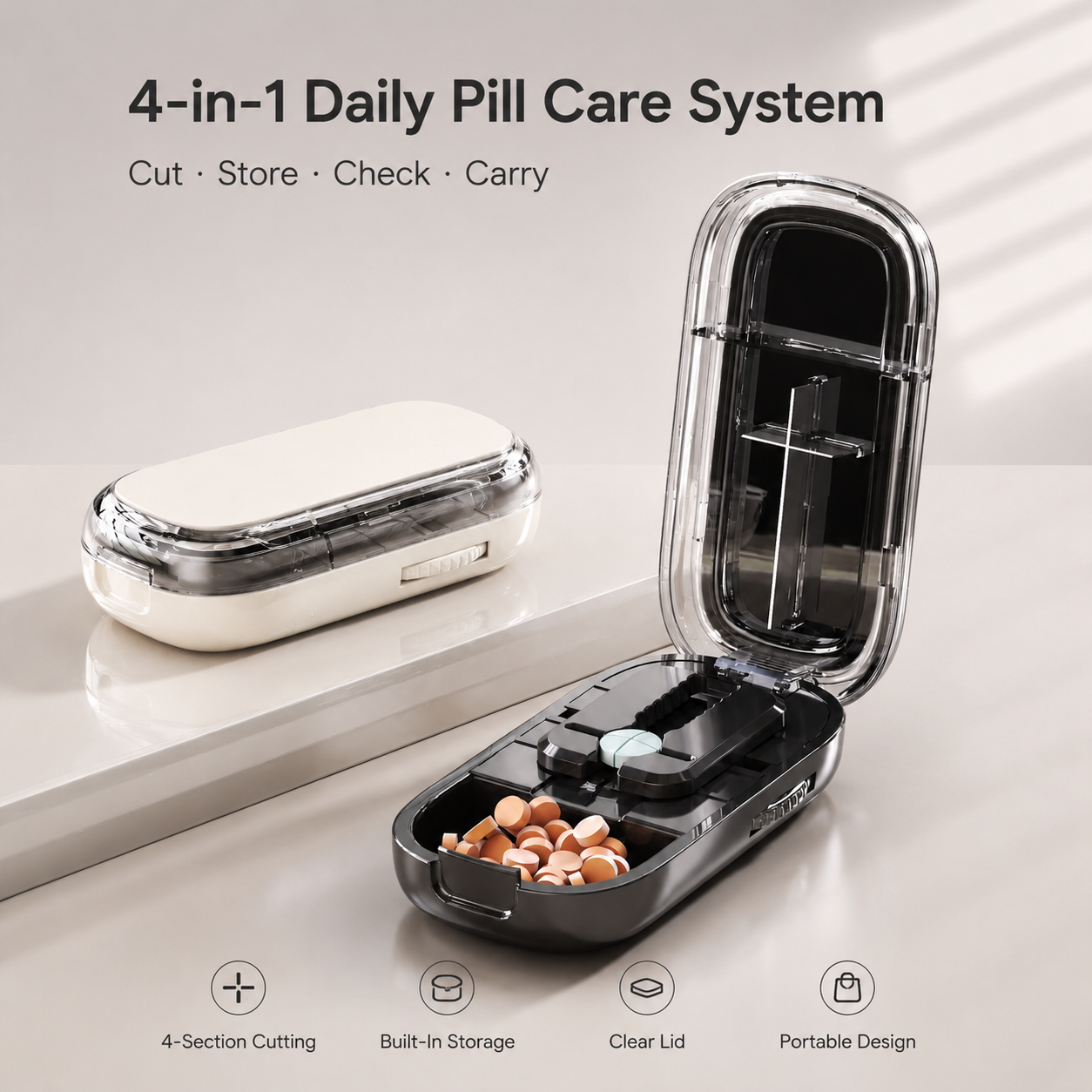 4-Section Pill Cutter with Built-In Storage, Portable Pill Splitter and Tablet Cutter Case for Daily Pill Care