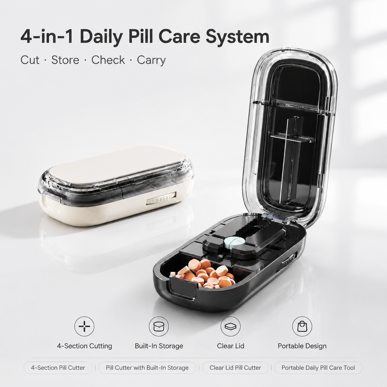 4-in-1 daily pill care system with 4-section pill cutter, built-in storage, clear lid, and portable design