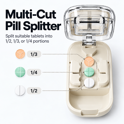 3-in-1 Multi-Cut Pill Splitter with Storage — 1/2, 1/3 & 1/4 Tablet Cutter | UNTIOR
