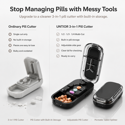 UNTIOR 3-in-1 pill cutter compared with ordinary pill cutter, featuring built-in storage, adjustable side gear, and portable tablet splitting