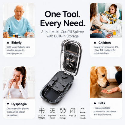 3-in-1 Multi-Cut Pill Splitter with Storage — 1/2, 1/3 & 1/4 Tablet Cutter | UNTIOR