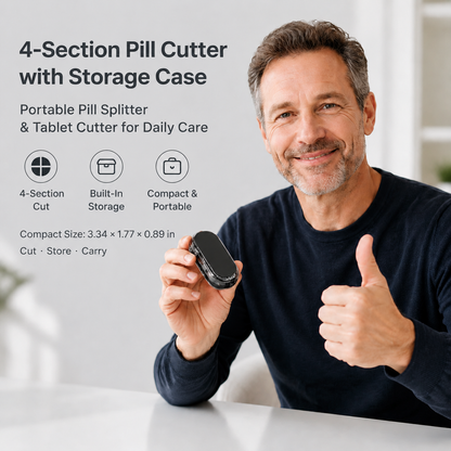 Portable 4-section pill cutter with storage case held by adult user, compact tablet splitter for daily care and travel