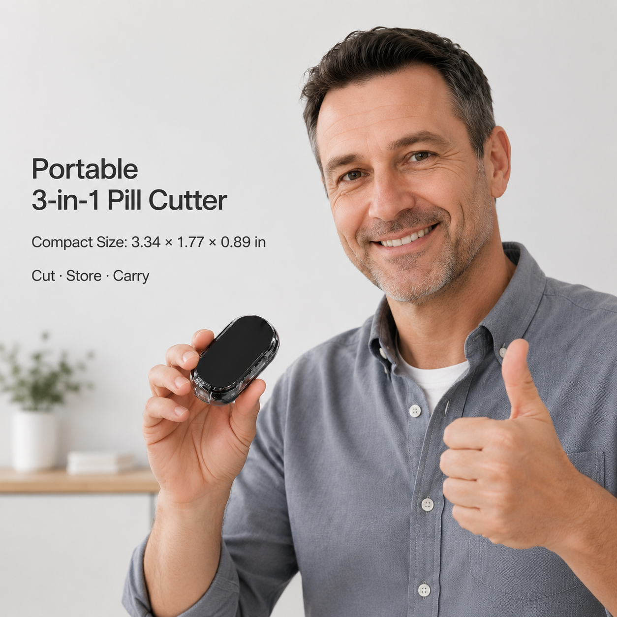 Portable 3-in-1 pill cutter held by adult user showing compact travel-friendly size