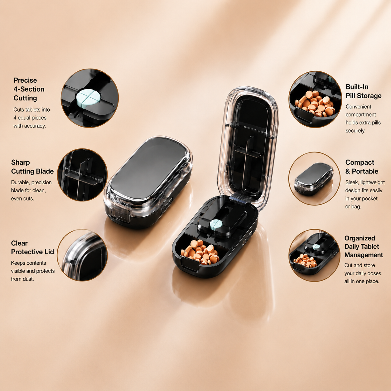 4-Section Pill Cutter with Built-In Storage, Portable Pill Splitter and Tablet Cutter Case for Daily Pill Care