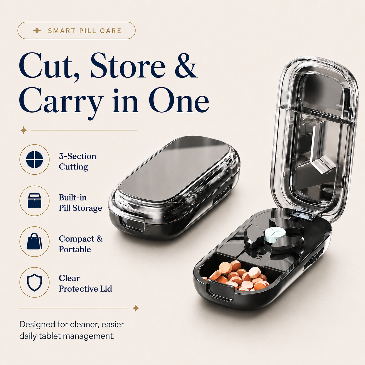 Starlight 3-Section Pill Cutter for Tablets, Portable Pill Splitter for Accurate Cutting