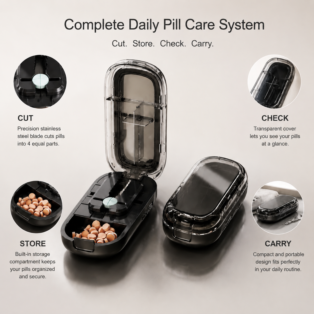 4-Section Pill Cutter with Built-In Storage, Portable Pill Splitter and Tablet Cutter Case for Daily Pill Care