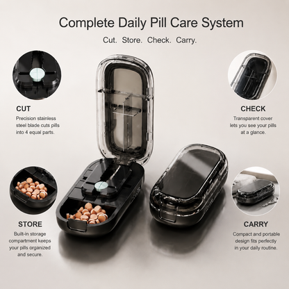 4-Section Pill Cutter with Built-In Storage, Portable Pill Splitter and Tablet Cutter Case for Daily Pill Care