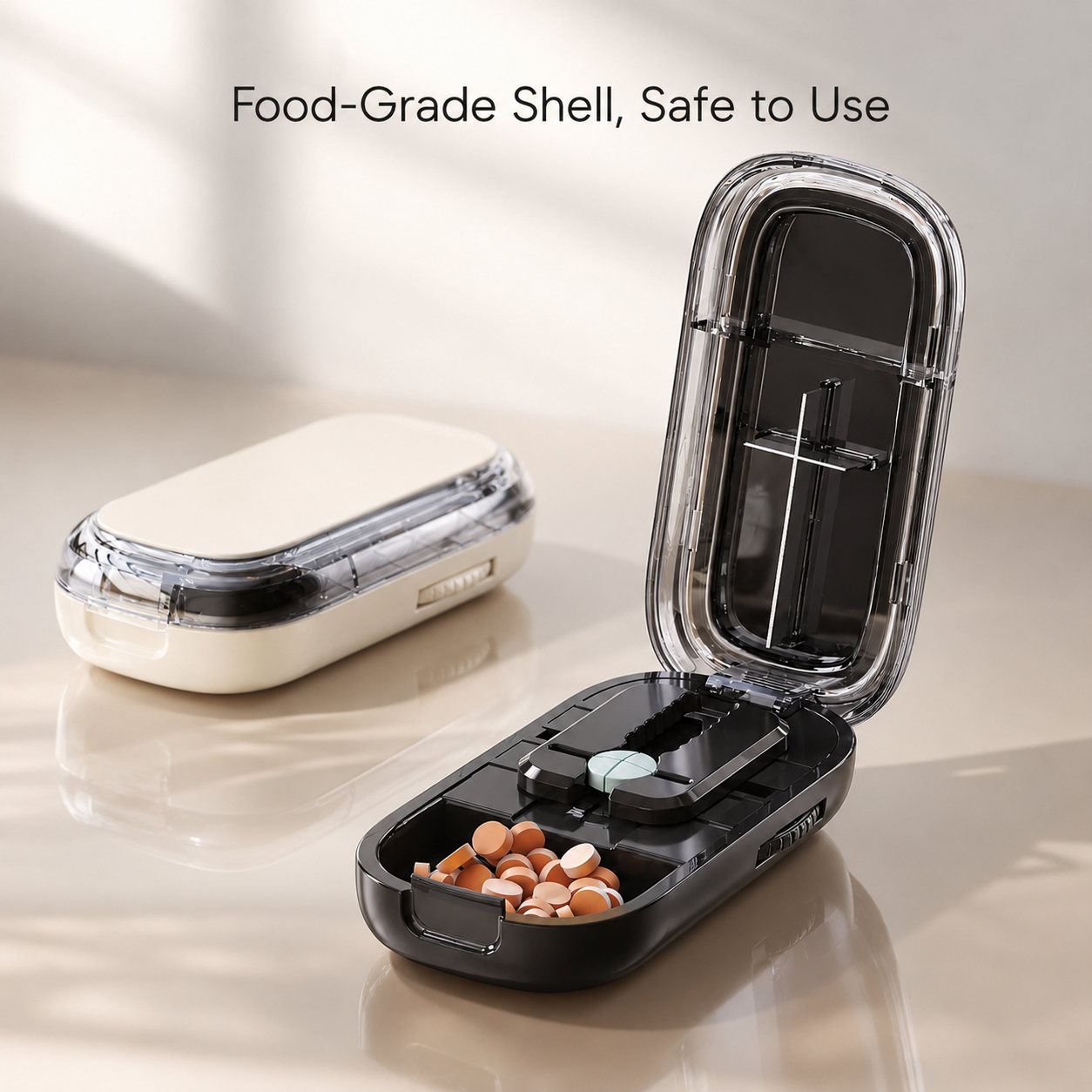 4-Section Pill Cutter with Built-In Storage, Portable Pill Splitter and Tablet Cutter Case for Daily Pill Care