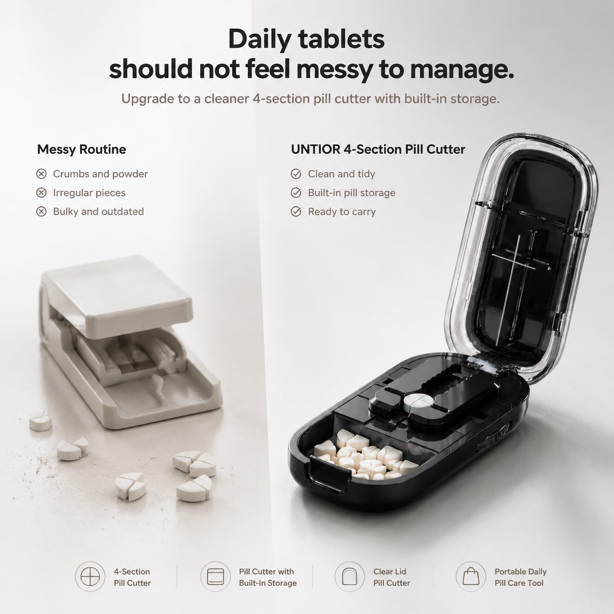UNTIOR 4-section pill cutter compared with traditional pill cutter for cleaner daily pill care and built-in storage