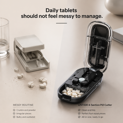 4-Section Pill Cutter with Built-In Storage, Portable Pill Splitter and Tablet Cutter Case for Daily Pill Care