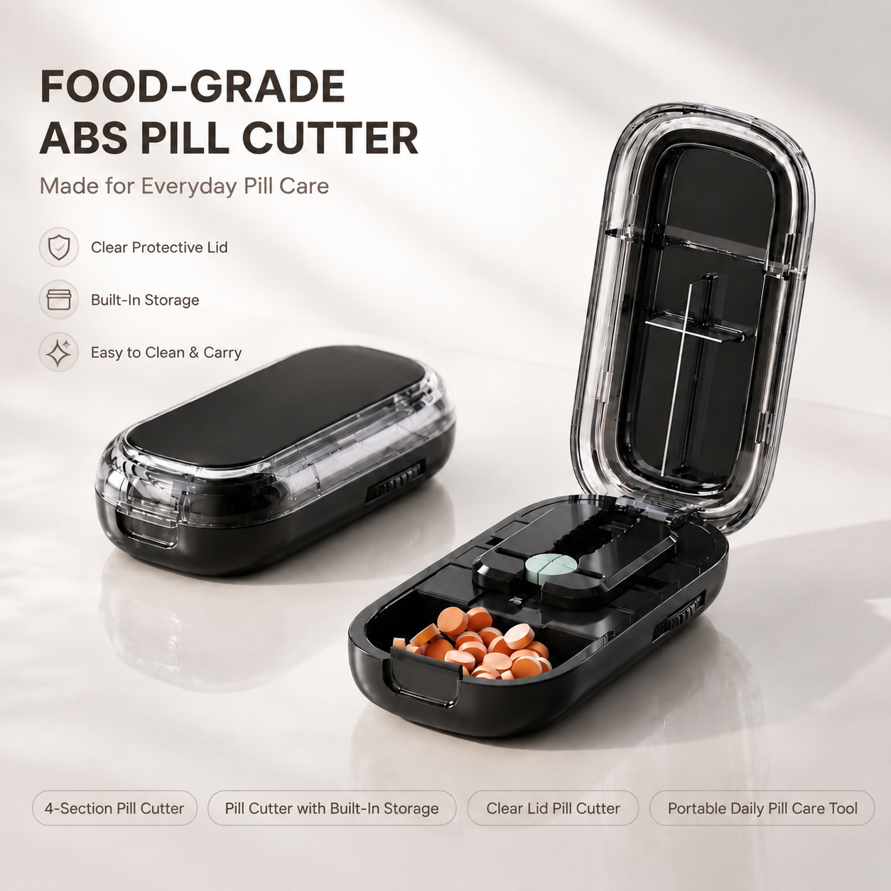 Food-grade ABS pill cutter with built-in storage, clear protective lid, and compact portable tablet splitter body