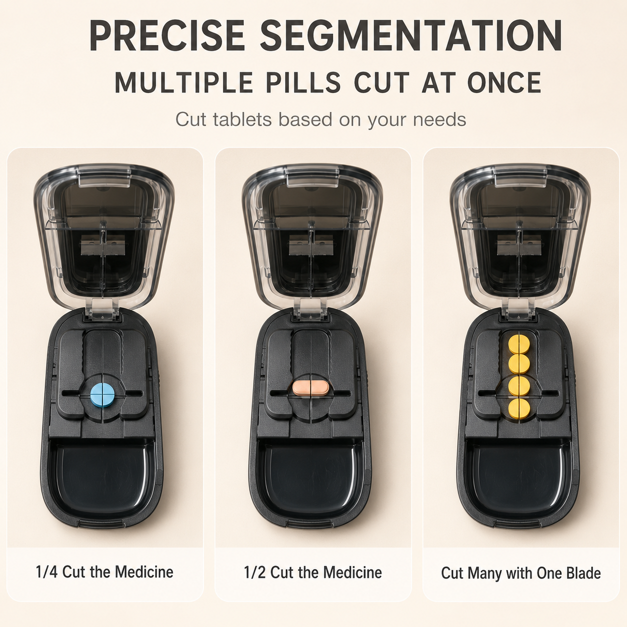 4-Section Pill Cutter with Built-In Storage, Portable Pill Splitter and Tablet Cutter Case for Daily Pill Care
