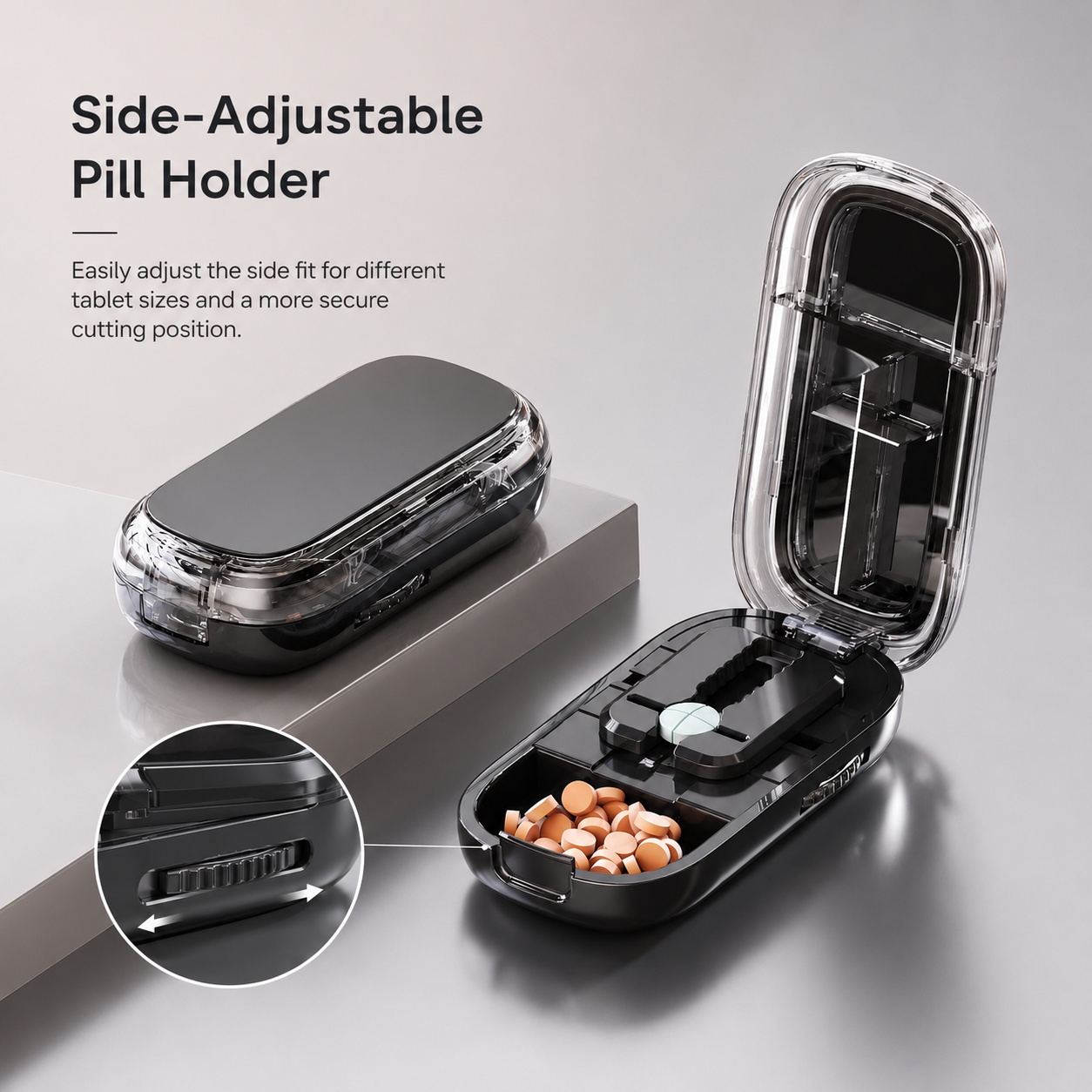 4-Section Pill Cutter with Built-In Storage, Portable Pill Splitter and Tablet Cutter Case for Daily Pill Care