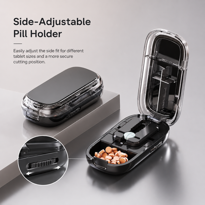 4-Section Pill Cutter with Built-In Storage, Portable Pill Splitter and Tablet Cutter Case for Daily Pill Care