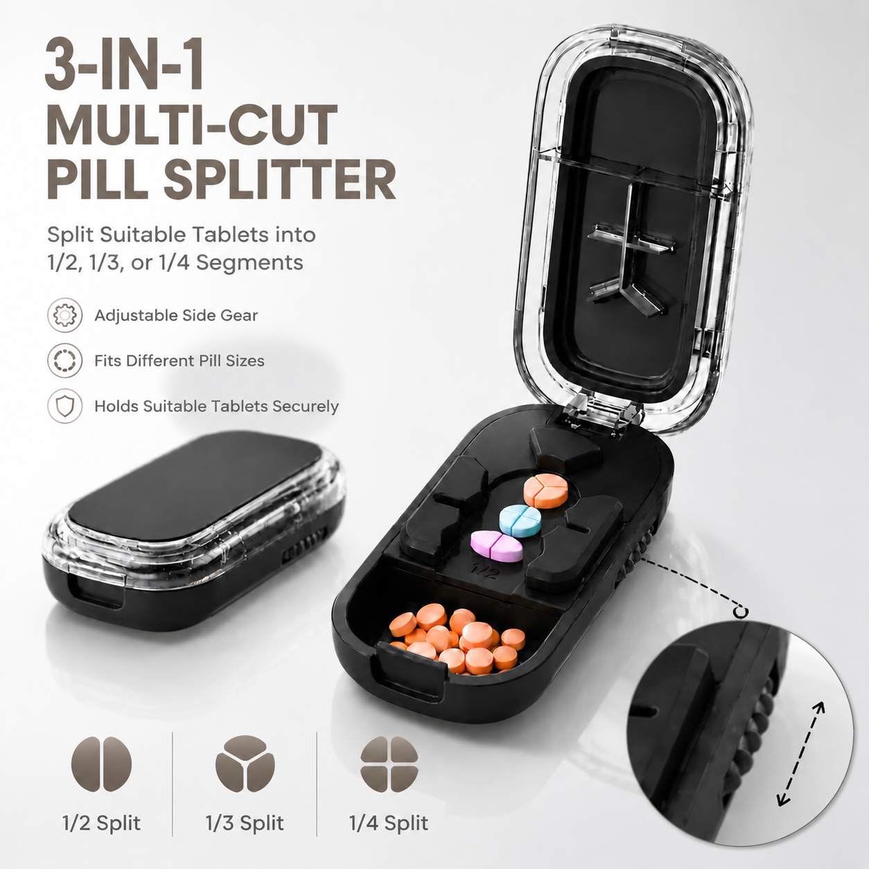 Adjustable side gear pill cutter designed to help fit different suitable tablet sizes before splitting