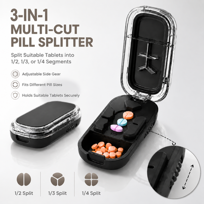 Adjustable side gear pill cutter designed to help fit different suitable tablet sizes before splitting