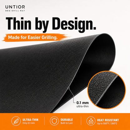 Close-up of the UNTIOR black PTFE BBQ grill mat showing its fine textured surface, flexible rolled edge and 0.1 mm ultra-thin profile