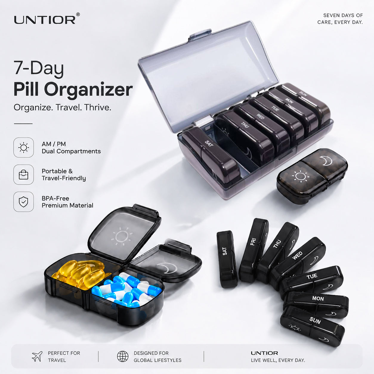 UNTIOR weekly pill organizer showing 7 removable daily cases with AM/PM separation for 14 total tablet compartments.