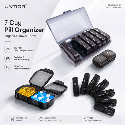 UNTIOR weekly pill organizer showing 7 removable daily cases with AM/PM separation for 14 total tablet compartments.