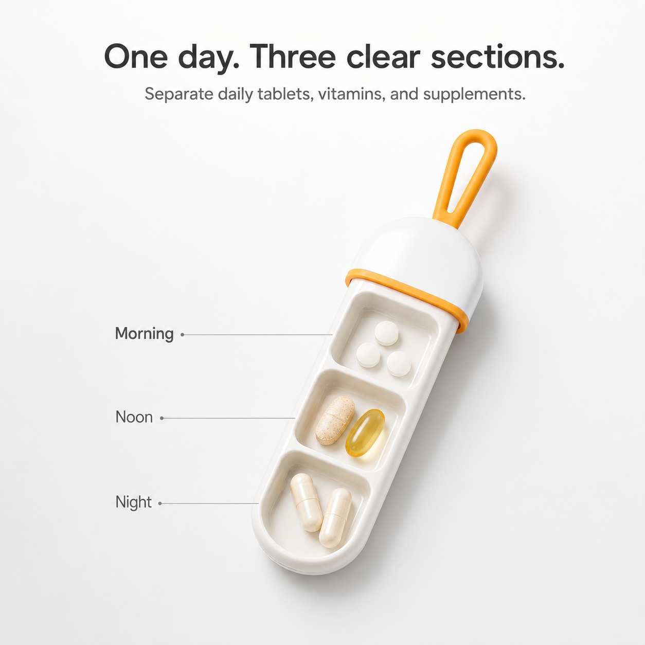 UNTIOR 3-compartment pull-out pill case with Morning, Noon, and Night sections for separating daily tablets, vitamins, and supplements.