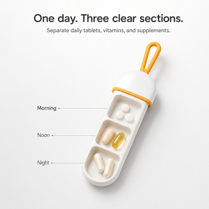 UNTIOR 3-compartment pull-out pill case with Morning, Noon, and Night sections for separating daily tablets, vitamins, and supplements.