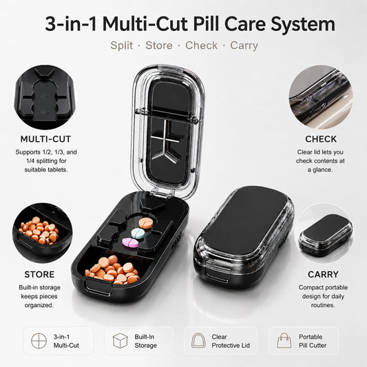 UNTIOR 3-in-1 multi-cut pill splitter with built-in storage, clear protective lid, and compact carry design for suitable tablets, daily routines, and travel-friendly pill care.