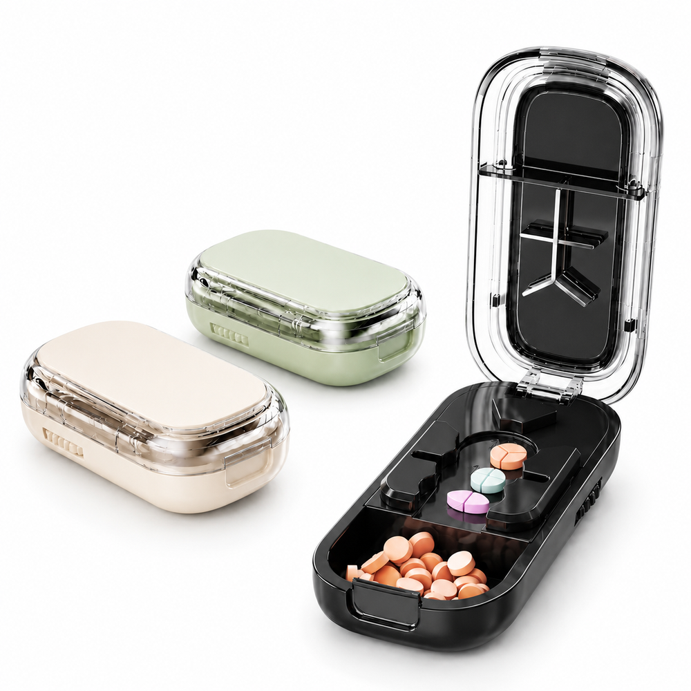 3-in-1 Multi-Cut Pill Splitter with Built-In Storage, Adjustable Portable Pill Cutter for 1/2, 1/3 & 1/4 Tablet Splitting