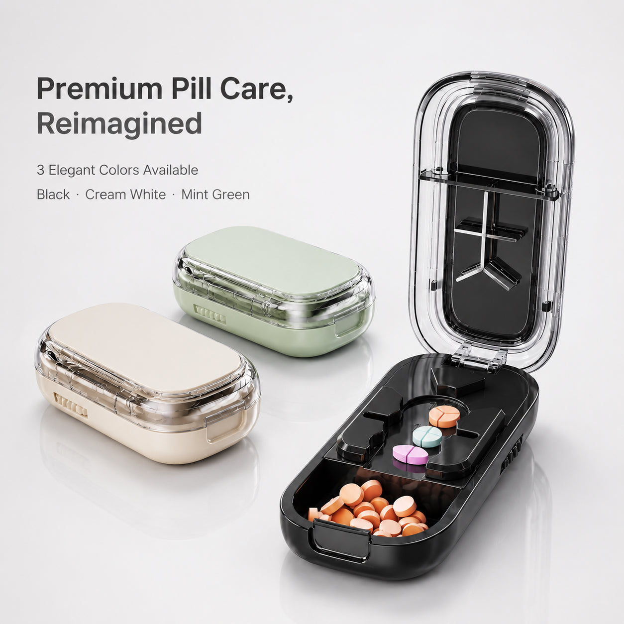 UNTIOR 3-in-1 multi-cut pill splitter available in black, cream white, and mint green, with built-in storage, clear protective lid, and compact portable tablet cutting design.