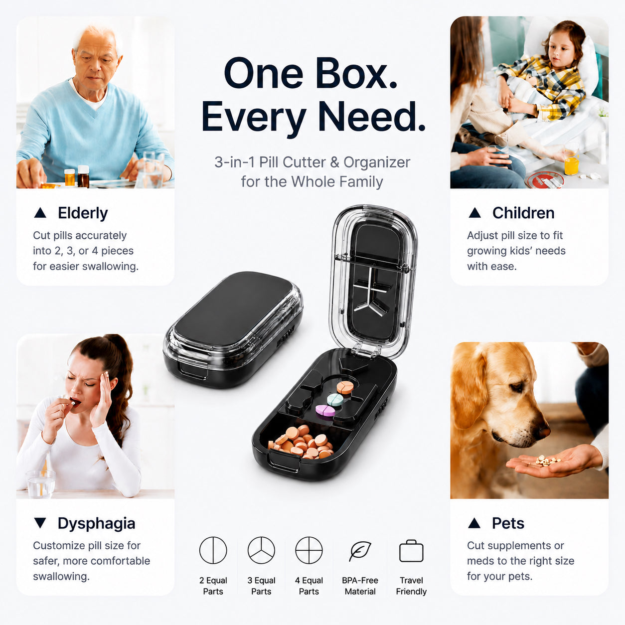 UNTIOR 3-in-1 pill splitter for family daily pill care routines, including seniors, adults, caregiver-managed children, and pet supplement organization for suitable tablets.