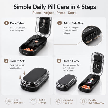 How to use the UNTIOR 3-in-1 pill splitter in four steps: place a suitable tablet, adjust the side gear, press to split, then store and carry pieces in the built-in compartment.