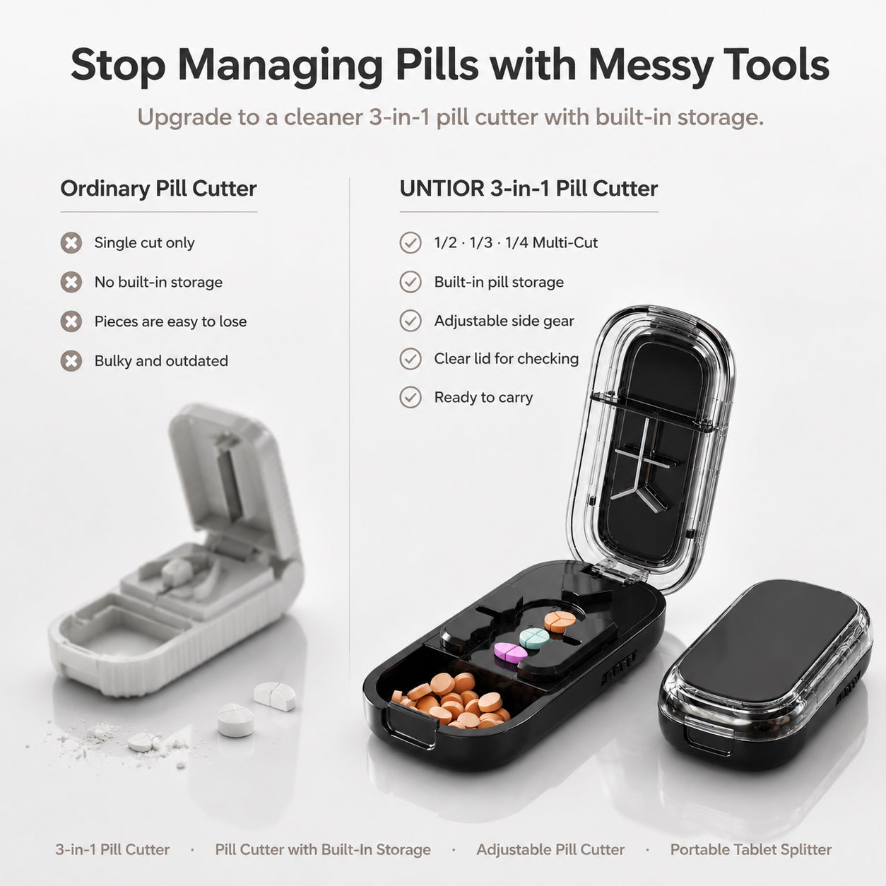 Comparison of an ordinary pill cutter and the UNTIOR 3-in-1 pill splitter with multi-cut design, built-in pill storage, adjustable side gear, clear lid, and portable daily use.