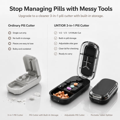 Comparison of an ordinary pill cutter and the UNTIOR 3-in-1 pill splitter with multi-cut design, built-in pill storage, adjustable side gear, clear lid, and portable daily use.