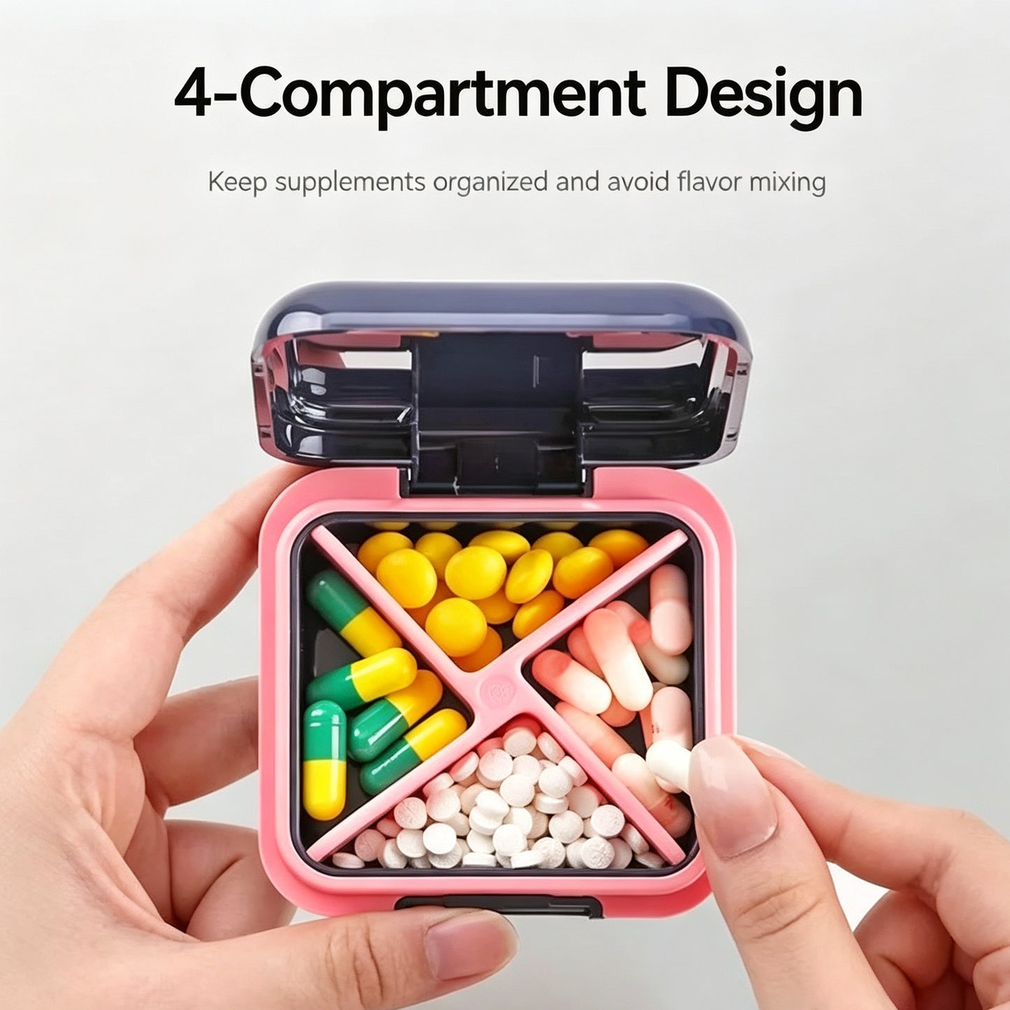 Handheld shot of UNTIOR pink 4-compartment pill organizer, separate divided storage prevents medicine flavor mixing for daily supplements