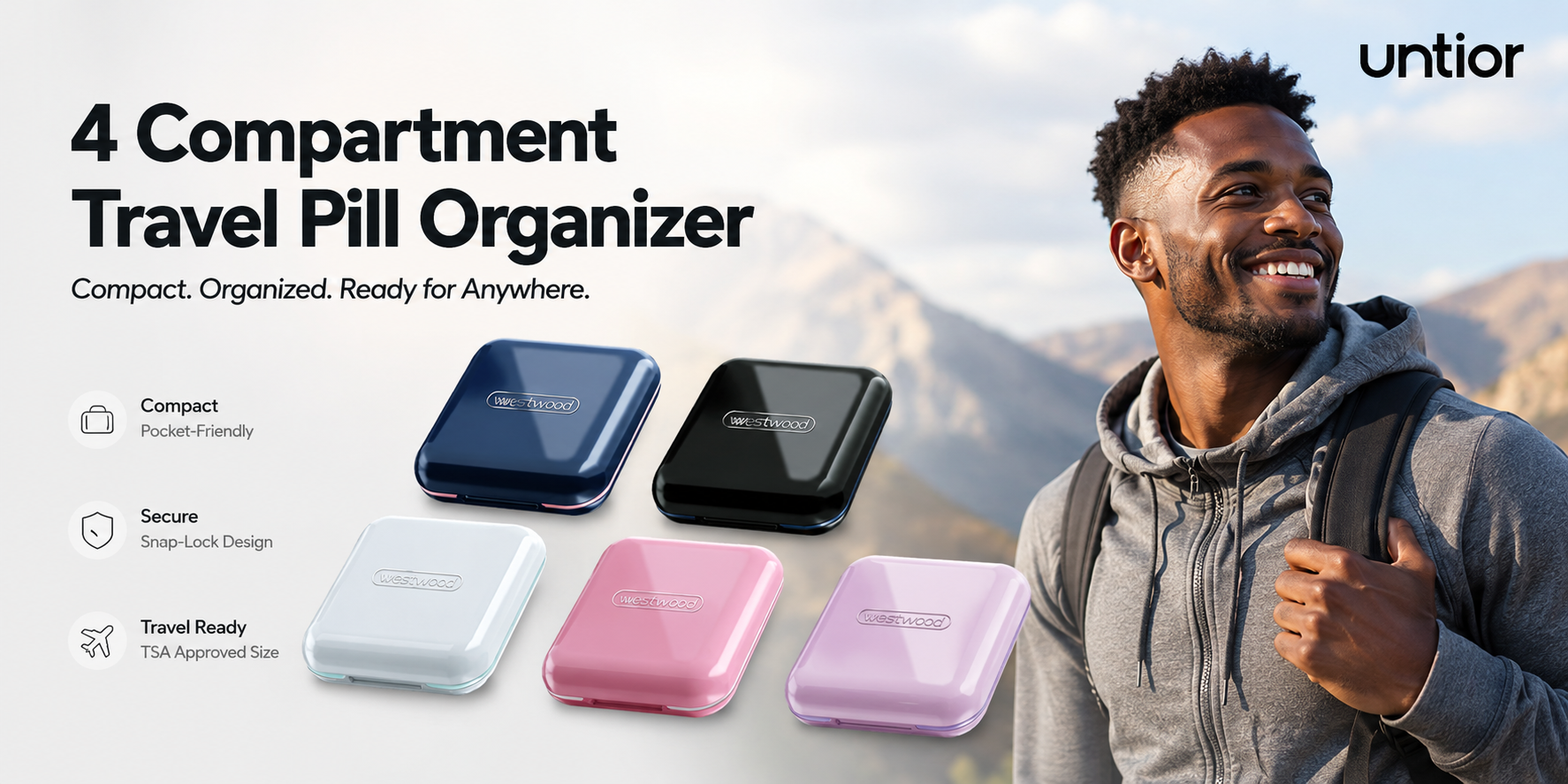 UNTIOR 4 compartment travel pill organizer with compact pill cases for secure daily medicine storage while traveling