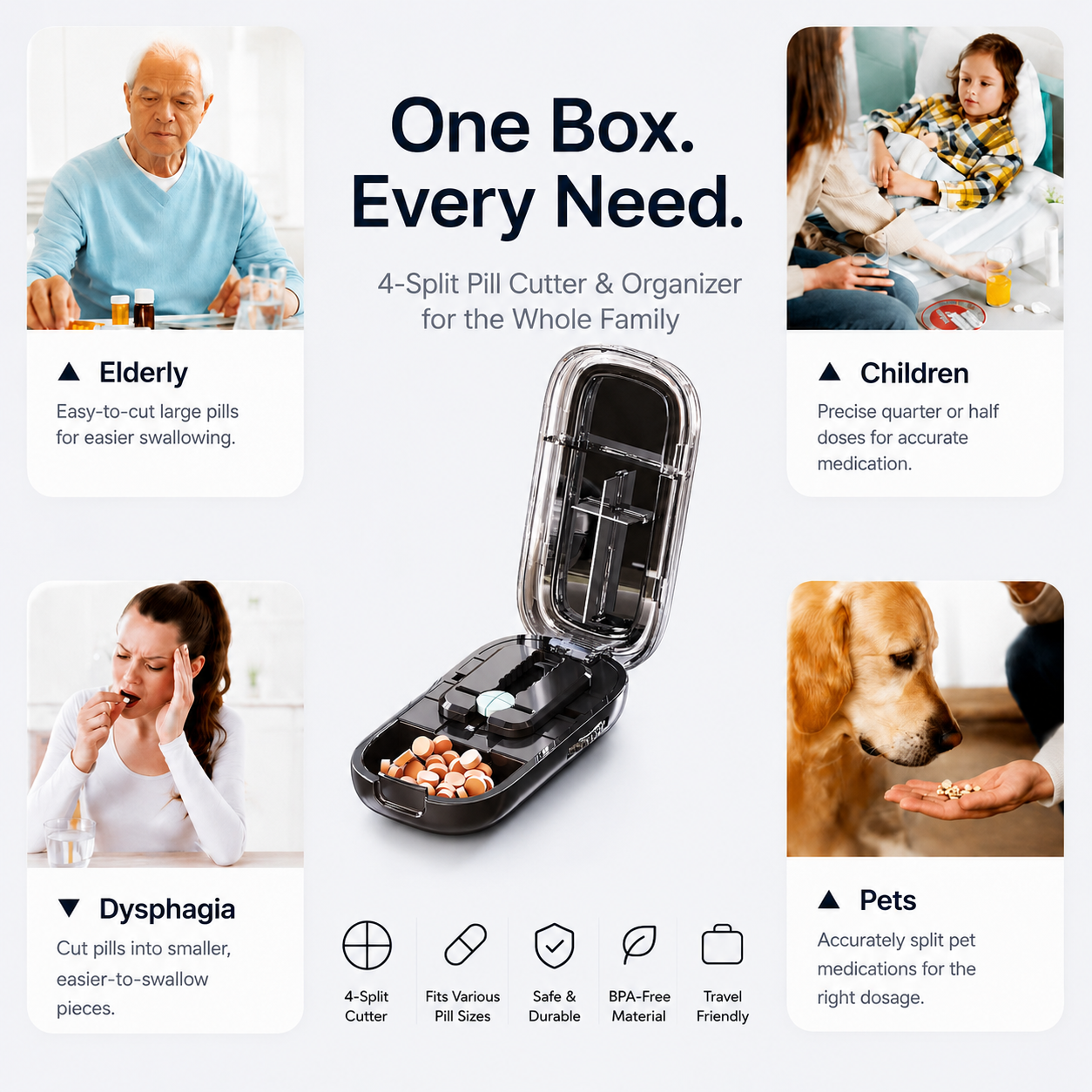 UNTIOR 4-section pill cutter and organizer for seniors, adults, caregiver-managed children routines, dysphagia support routines, pet medication organization, and travel-friendly tablet splitting.