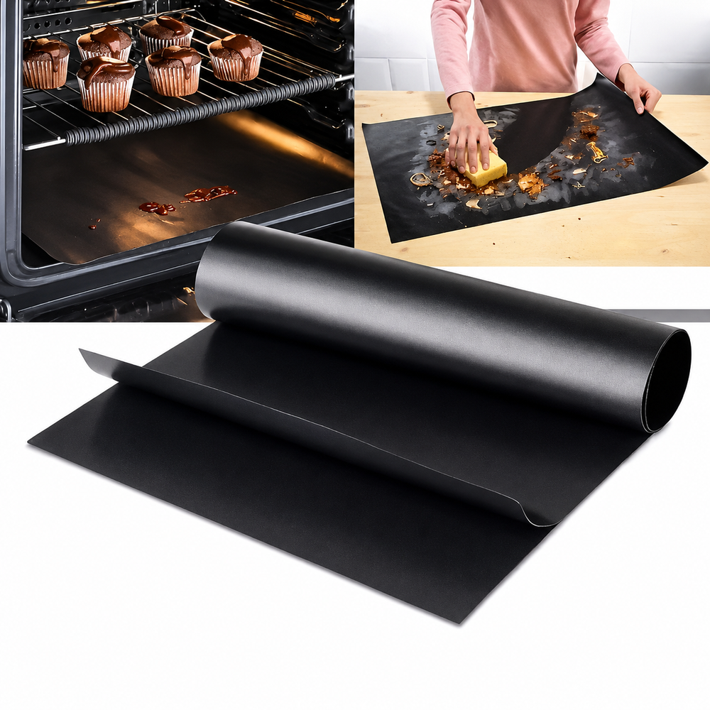 UNTIOR black 40 x 60 cm (15.75 x 23.62 in) reusable Teflon grill mat and oven liner shown with cooking, oven protection and cleanup applications.