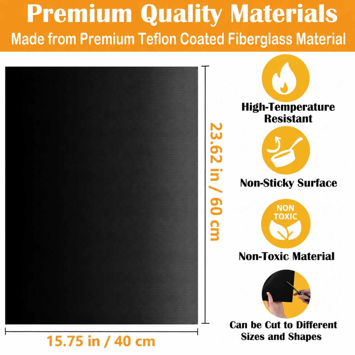 UNTIOR black 40 x 60 cm (15.75 x 23.62 in) Teflon-coated fiberglass grill mat size guide showing a flexible non-stick, heat-resistant and cut-to-fit design.