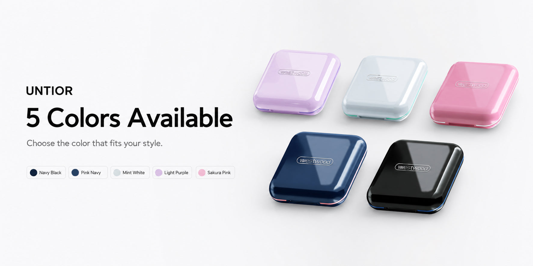 UNTIOR portable travel pill case with five stylish colors for daily medicine, vitamins, and supplement organization