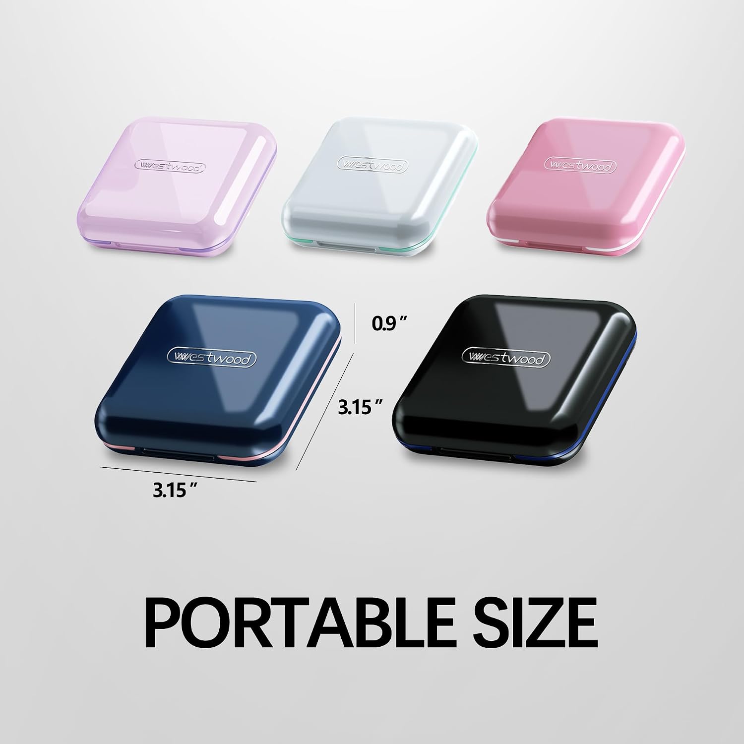 Full color collection of UNTIOR portable pill boxes, 5 stylish available shades for personalized daily vitamin storage