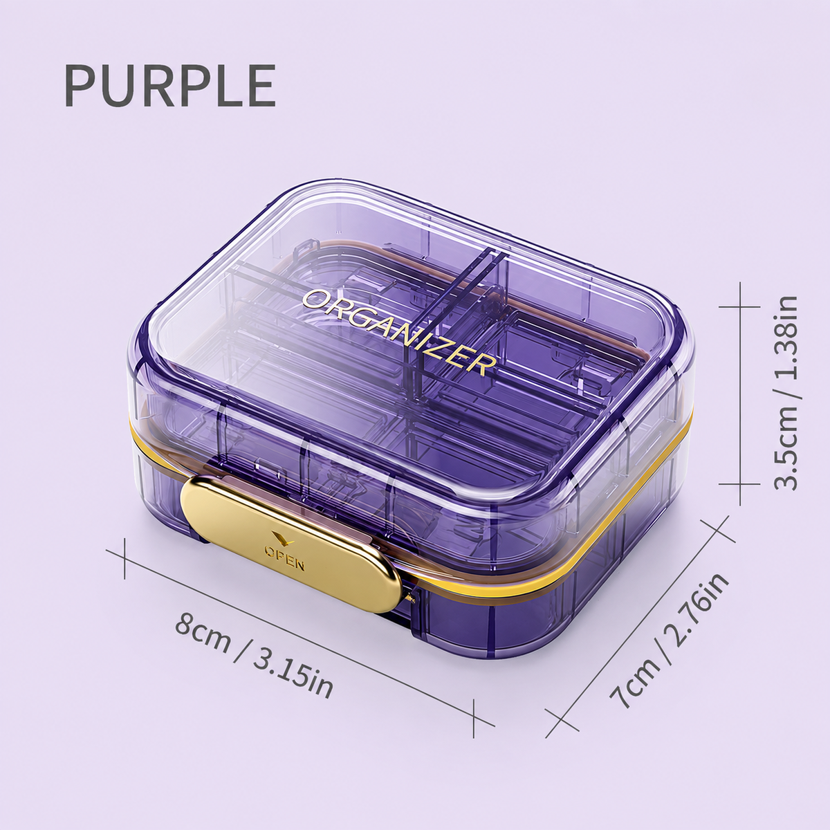 UNTIOR Amethyst Purple 7-compartment portable pill organizer showing 8 x 7 x 3.5 cm dimensions, transparent case and gold closure.