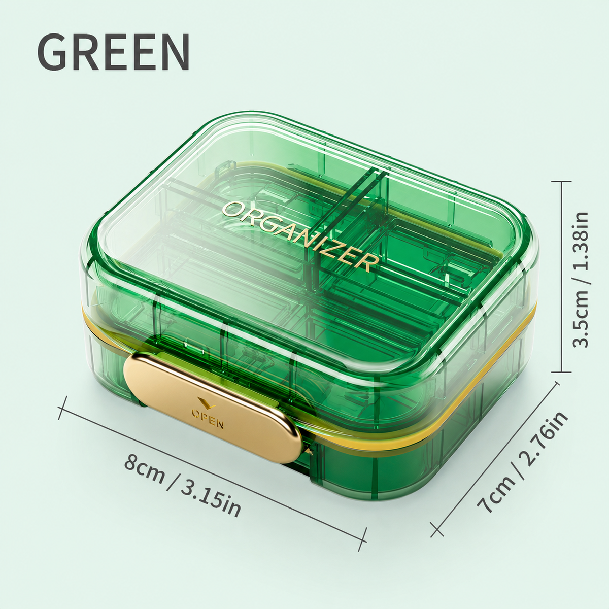 UNTIOR Emerald Green 7-compartment portable pill organizer showing 8 x 7 x 3.5 cm dimensions, transparent case and gold closure.